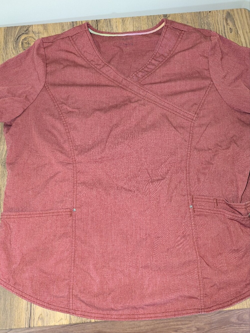 Women’s XL V-Neck Scrub Top in Brick Red Solid Color Comfortable
